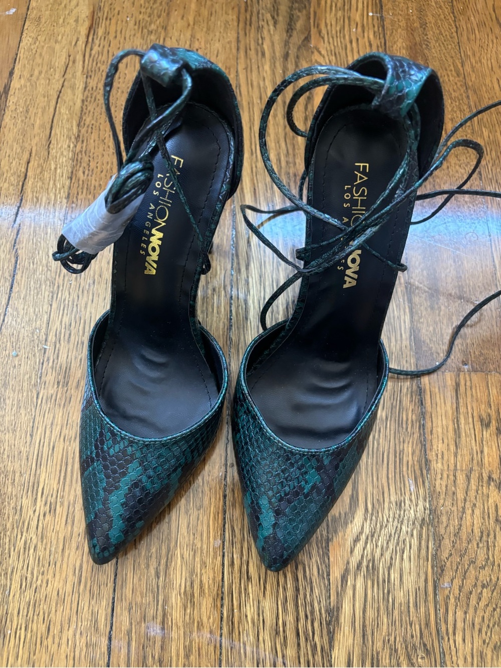 Fashion Nova Green Snakeskin Heels with Ankle Lace Up